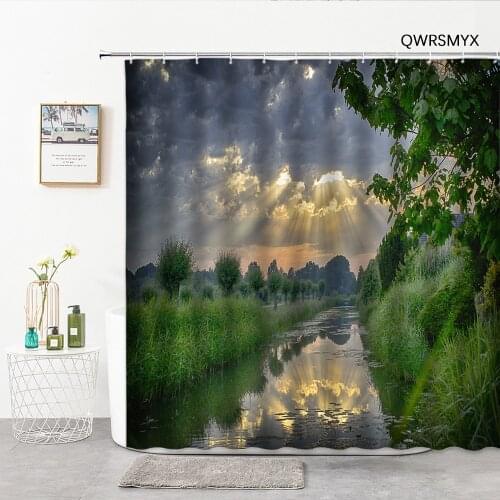Dark Cloud Green Woods River Scenery Shower Curtains Natural landscape Bath Curtain Home Decor Background Wall Bathroom Product