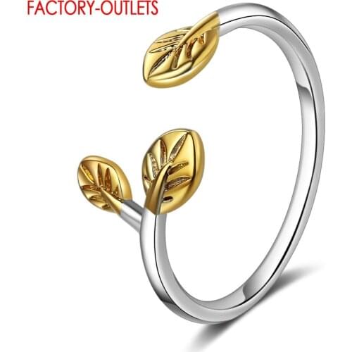 Yellow Tree Leaves Pattern Finger Rings For Women Sterling Silver 925 Adjustable Rings Band Fine Jewelry Female Accessories