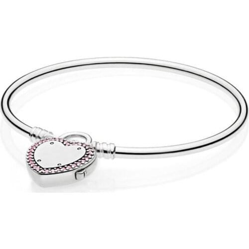 Original Lock Your Promise With Crystal Snake Chain Bangle Fit Women 925 Sterling Silver Bead Charm Bracelet Europe Jewelry