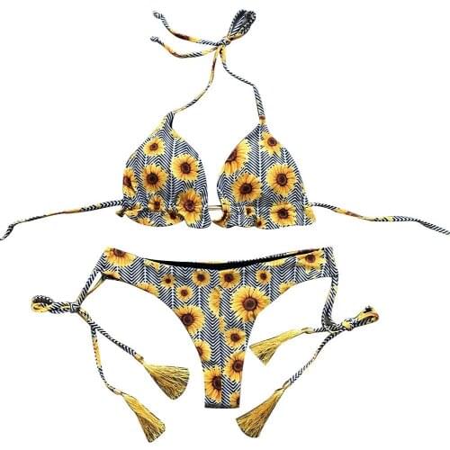 Women bikini Swimwear beachwear Padded Wireless Halter Bra Bandage Tassels Briefs Swimsuit Bikini Set купальники женские 2021