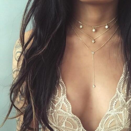 New Fashion Heart Star Sweet Necklace For Women Party Jewelry Gift Accessories Alloy Triple Horns Crystal Choker Boho Chain