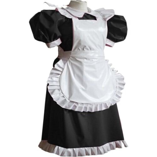 Plus Size Sissy Maid Dress Japanese Lolita Style Elegant Puff Sleeve PVC Mini Dress Wet Look Shiny Gothic Lolita Service Dresses