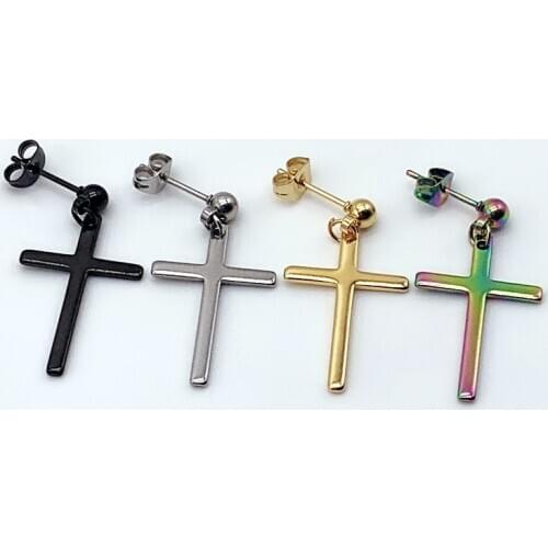 1 PC Minimalist Dangle Cross Huggie Pierced Drop Earrings For Men Guy Women Colorful Stainless Steel Fashion Ear Jewelry Gifts