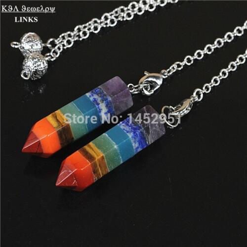 1Pc Rainbow 7 Hexagon Chakra Layered Healing Dowsing Reiki Gem Stone Charms Pendulum With Chain