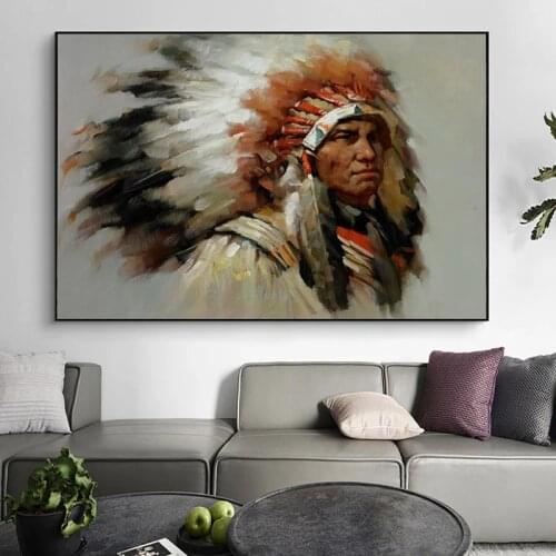 Abstract Native Indian Feathered Portrait Canvas Painting Posters and Prints Cuadros Wall Art Picture for Living Room Home Decor