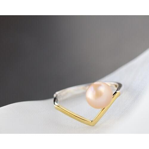 Authentic 925 Sterling Silver Fashion Lady Rings 7mm Natural Freshwater Pearl V Shape Opening Adjustable Ring Jewelry Gift