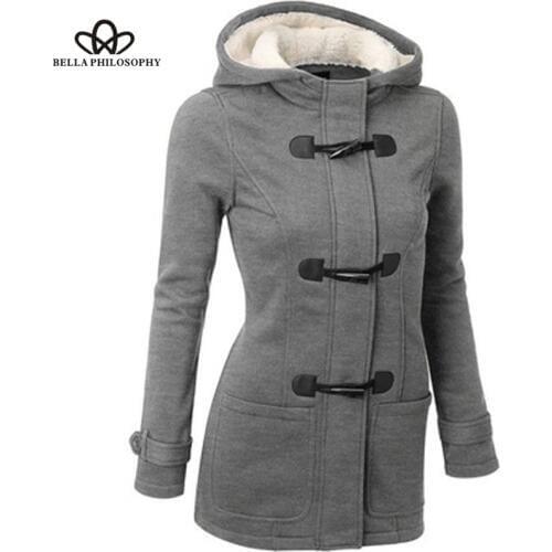 Bella philosophy 2019 women autumn winter solid Plus Size Button Coat Hooded Long Sleeve Female casual Jacket Outwear