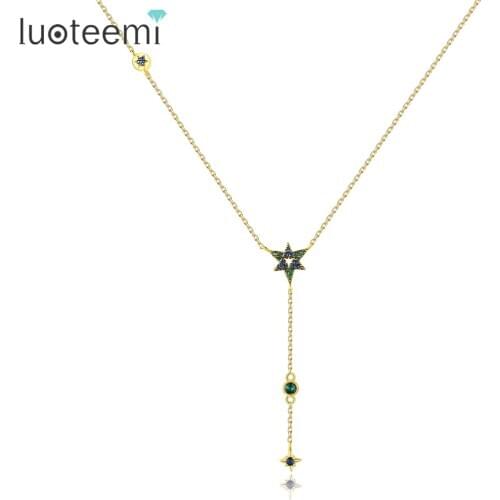 LUOTEEMI Six-Pointed Star Long Link Chain Drop Pendant Necklace for Women Simple Style Rainbow Colors Jewelry