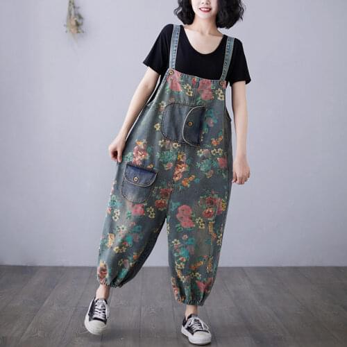 Retro Printed Denim Overalls Womens Summer Playsuit 2021 Large Size Loose-Fitting Fashion One-Piece Pants Korean Jeans zh1310