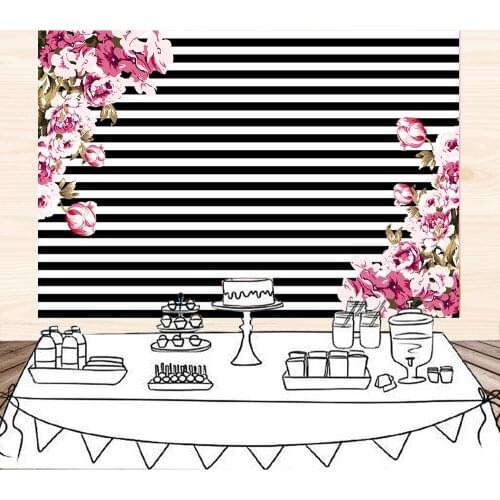 BEIPOTO Black and white stripes backdrop flower floral decoration adult women birthday party banner photo background poster B508
