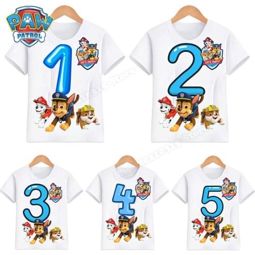 PAW Patrol Cotton Number 0~9 White T-shirt Cute Cartoon Breathable Comfortable Round Neck Tops Birthday Gifts for Kid Boys Girls