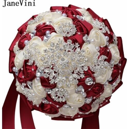 JaneVini Silver Crystals Bridesmaids Bouquet Burgundy Royal Blue Purple Ivory Satin Roses Wedding Flowers Bridal Bouquets Fleur