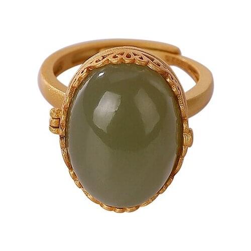 925 sterling silver Hetian gray jade ring retro personality lace cutout niche for a statue of the Buddha Womens Open ring