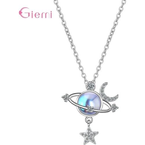 Korean Style Moonstone Planet Pendant Necklace For Women Girl 925 Sterling Silver Zircon Star Moon Wedding Jewelry