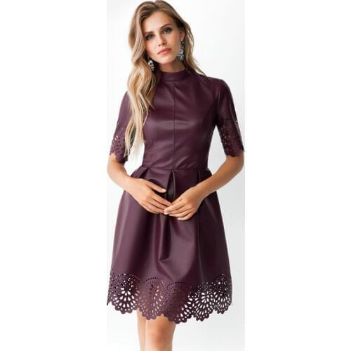 Laser engraving elegant faux leather black purple pleated casual mini dress 2020 summer short sleeve party dress women C480