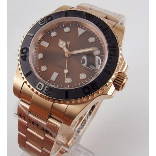 40mm Mechanical Wristwatch Mens Rotating Black Brushed Ceramic Bezel Sapphire Glass Rose Gold Date Miyota 8215 Oyster Band