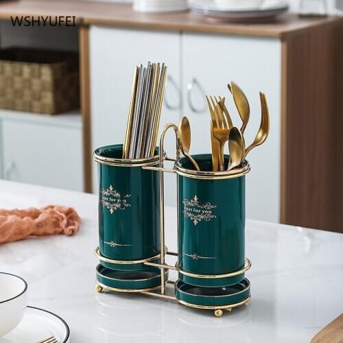 Nordic Ceramic Chopsticks Cylinder Home Restaurant Kitchen Storage Container Fork Spoon Tableware Storage Box with Drain Dish