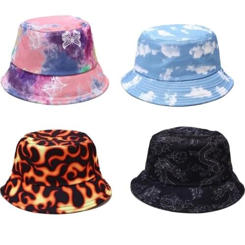 Women Fire Butterfly Cloud Dragon Graffiti Print Bucket Hat Harajuku Hip Hop Wide Brim Sunscreen Panama Fisherman Cap Streetwear