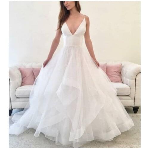 Sexy Long Satin V-Neck Tulle Wedding Dresses Womens A-Line Floor Length Pleated Ivory Corset Back Maxi Bridal Gowns