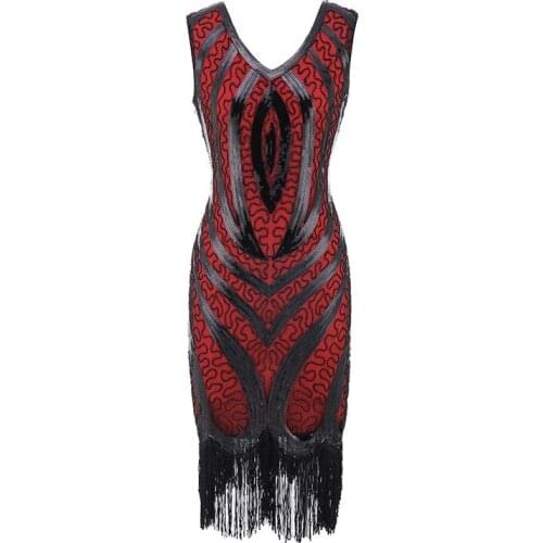 1920s Gatsby Charleston Sequin Fringe Flapper Dress Vestido Robe Double V-Neck Sleeveless Tiered Tassel Party Dress