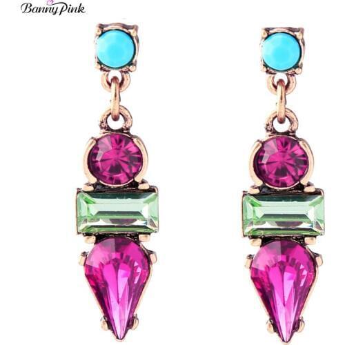 Banny Pink Vinatge Geo Pendant Studs Earrings For Women Colorful Rhinestone Statement Post Earrings Fashion Jewelry Pendientes