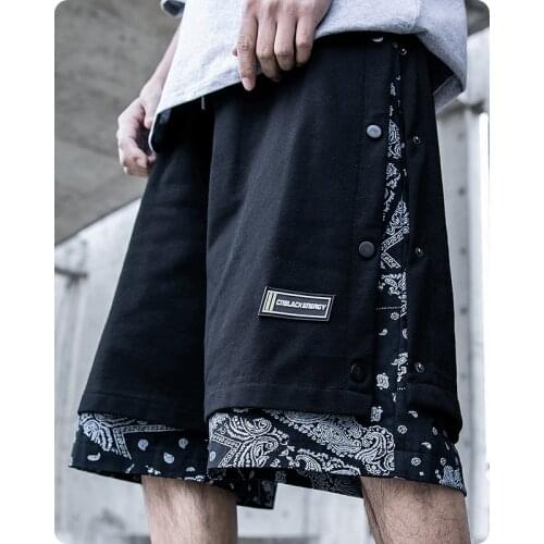 Mens clothes Harajuku Embroidery Hip hop streetwear Button fake two pieces trend loose tide Shorts wind summer five point pants