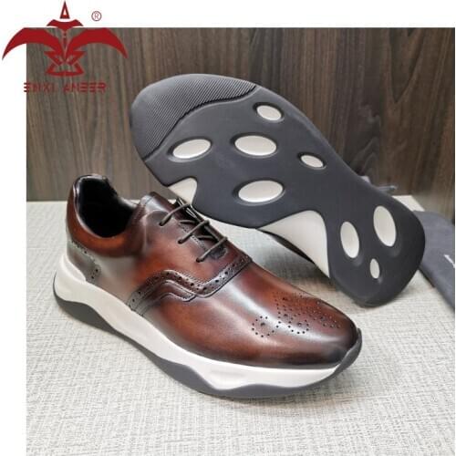 Dance Now! 100% Genuine Cow Leather Men Lady Sneakers Hip Hop Sport Shoes in Patina Navy Brown Color