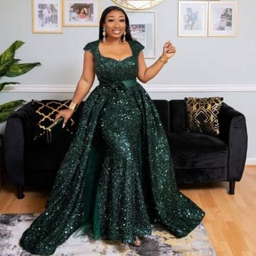 Hunter Green Sequined Mermaid Evening Dresses WIth Detachable Train Bow Ribbon Sash African Plus Size Prom Dress African Gowns