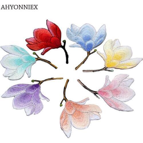 AHYONNIEX High Quality Magnolia Flower Patch Iron on Applique for Clothes Fabric Iron to Stick DIY Coat Jeans Accessories