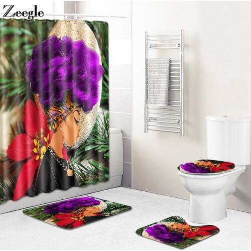 Zeegle 4Pcs African Women bathroom curtain Non Slip Bath Mat Rugs Fashion Accessories Toilet Pad Flannel Home Shower Curtain Set