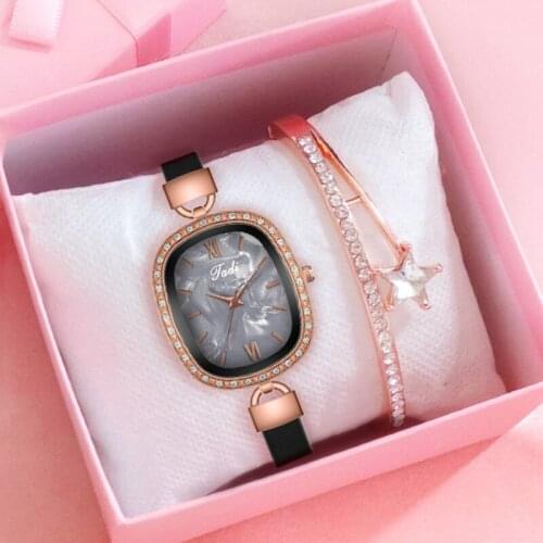 Tadi Brand Women Oval Pearl Shell Dial Watches Fashion Vintage Leather Ladies Rhinestone Roma Watch Women Gift Watch Set