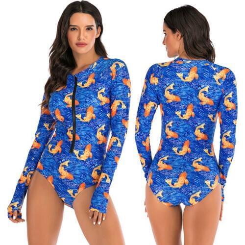 Womens One Piece Rashguard Wetsuit Swimsuit Sun Protection Printed Rash Guard Long Sleeve Printed Zip Front Slim Fit Swimwear