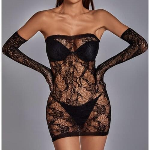 2021 Ultra-thin Females Jacquard Floral Off Shoulder Sexy Bodycon Tempting Black Mini Backless Lenceria Exotic Dress With Gloves