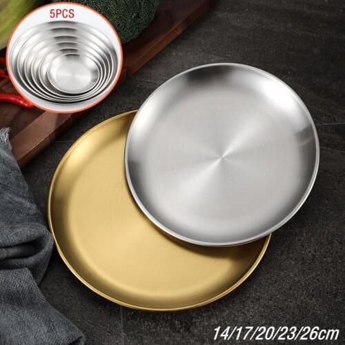 5PCS Stainless Steel Thickened Round Plate Golden Cafe Tray Fruit Cake Plate Bone Dish Shallow Plate