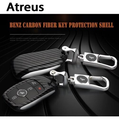 Atreus 1set Car styling carbon fiber key case cover fob holder For Mercedes benz logo fit new E class E300L E200L W213 Key chain