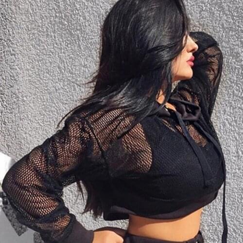 Black Hoodies For Women Hollow Out Crop Tops Mesh Patchwork Short Sweatshirt Long Sleeve Autumn Tops And Pullovers