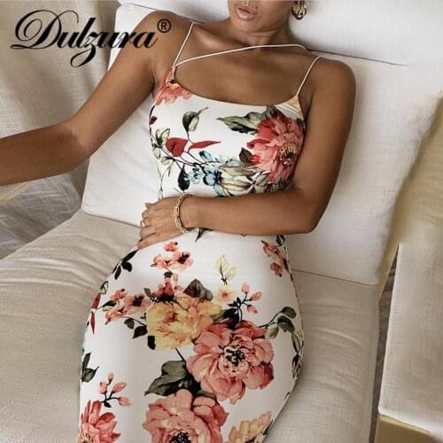 Dulzura Floral Print Women Strap Midi Dress Bodycon Sexy Streetwear Party Club Elegant Vintage 2021 Summer Clothes Fashion