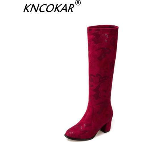 KNCOKAR Elegant Printed Flannelette European And American Knight Boots Thick And High Boots Round Head Martin Female Boots