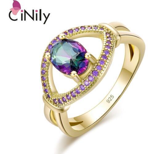 CiNily Droplet Mystic Stone Rings Violet Purple Zircon Crystal Yellow Gold Color Large Luxury Ring Party Jewelry Gift Women Girl