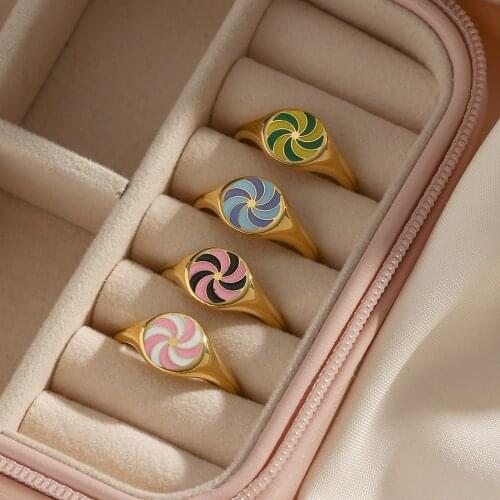 Childlike Colorful Circle Windmill Design Real Gold Plated Rings For Lady Lucky Turntable Blue Green Pink Black Enamel Ring
