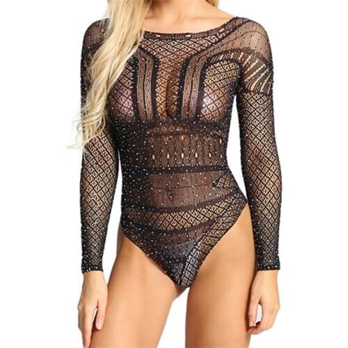 DUOJIAOYAN Rhinestone Jumpsuit Jacquard Sexy Appeal Underwear Long sleeve Hollow Plus Size Shiny Crystal Mesh Lingerie Women