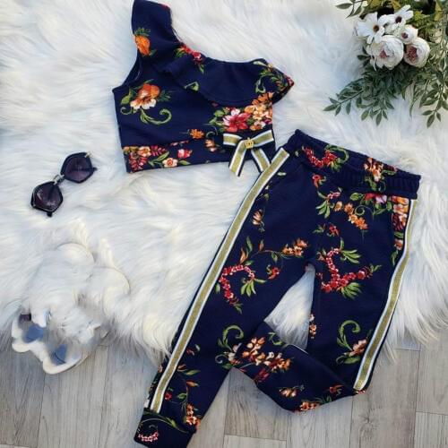 1-6Y Fashion Infant Baby Girls Clothes Sets Flowers Print One Shoulder Tops+Casual Long Pants 2pcs