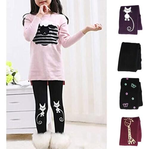 Winter Girls Velvet Leggings Printed Cotton Trousers Kids Stretch Warm Cold Resistance Windbreak Pants W3P3