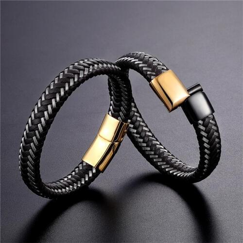 Fashion Brand bracelet Braid Genuine Leather Bracelet Stainless Steel Bracelet Men Women Bangle Black/Brown/Blue Color Optional