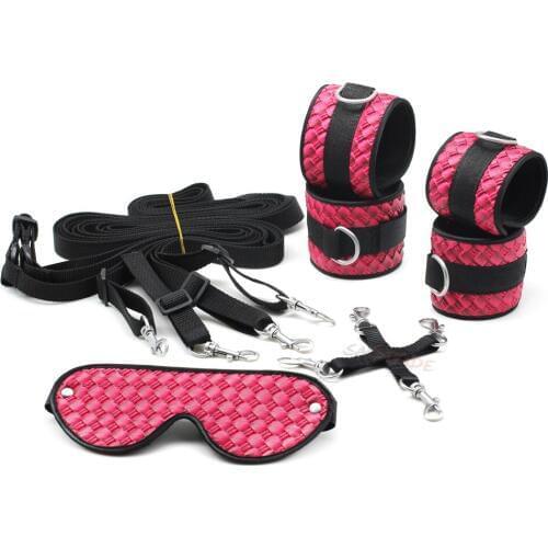 Smspade pink PU bondage restraints kit, under bed bondage kit, fetish hog-tied kit, handcuffs ankle cuffs blindfold fabric belt