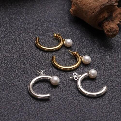 New Trendy Korean Fashion Womens Earrings Simple Gold Silver Color Pearl Beads Inlaid C-shape Piercing Stud Ear Jewelry