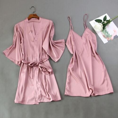 Pink Solid Nighty&Robe Gown Sets V-Neck Sleepwear Spring Womens Nightgown Bridal Wedding Dress Silky Belt Bathrobe Sleep Suit
