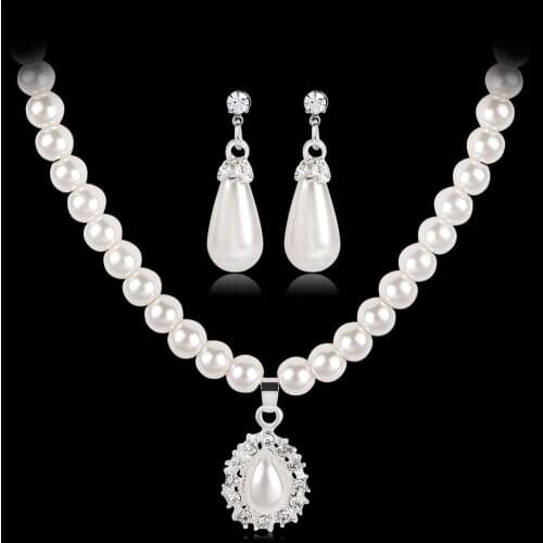 New Water Drop Faux Pearl Beaded Rhinestone Bridal Necklace & Earrings Jewelry Set for Women Birthday Gift Party