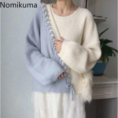 Nomikuma Patchwork Hit Color Pullover Sweater Korean Cross Lace Up Knitwear Long Sleeve O-neck Autumn Winter Pull Femme 6C832