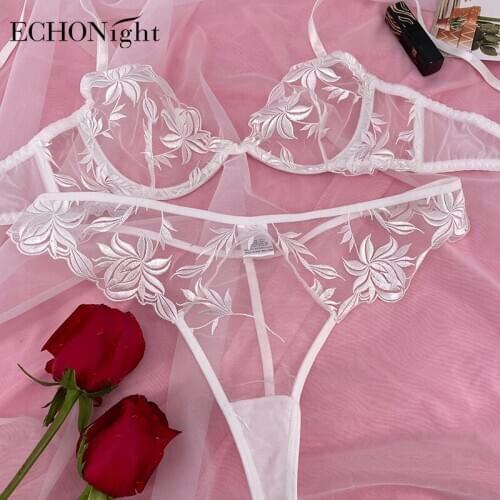 Echonight Sexy Lingerie Underwear Set Bra Set Floral Womens Underwear Erotic Lingerie Set White Sexy Transparent Lingerie